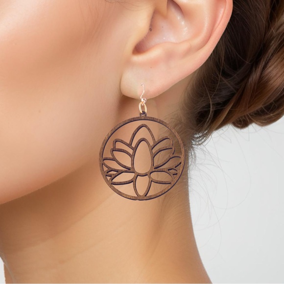 Wooden Lotus Earrings 2” - Picture 1 of 4